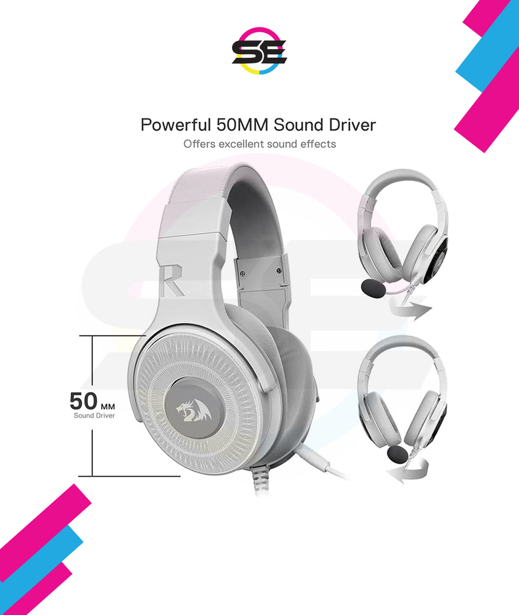 Redragon H350 RGB Wired Gaming Headset – 50mm Drivers, 2.0 Stereo Surround, RGB Earcup Underglow (Dynamic/Static/Off), Detachable Noise-Canceling Mic, In-Line Control – White