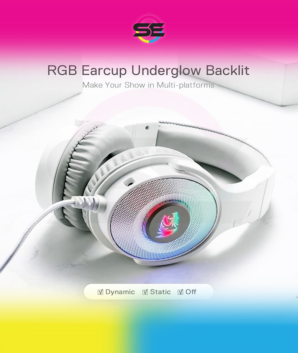 Redragon H350 RGB Wired Gaming Headset – 50mm Drivers, 2.0 Stereo Surround, RGB Earcup Underglow (Dynamic/Static/Off), Detachable Noise-Canceling Mic, In-Line Control – White