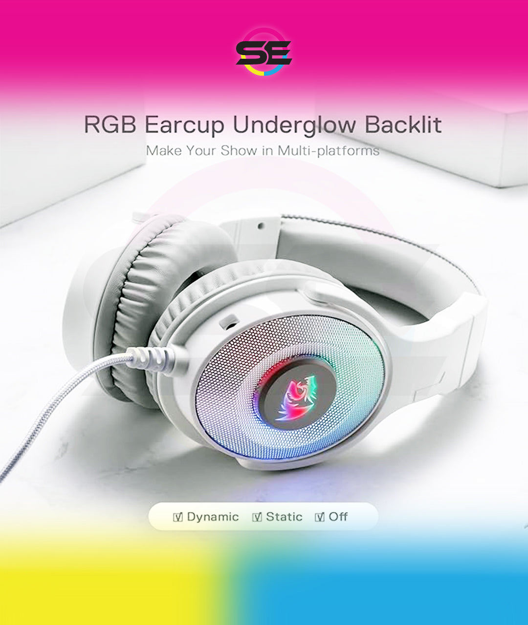 Redragon H350 RGB Wired Gaming Headset – 50mm Drivers, 2.0 Stereo Surround, RGB Earcup Underglow (Dynamic/Static/Off), Detachable Noise-Canceling Mic, In-Line Control – White