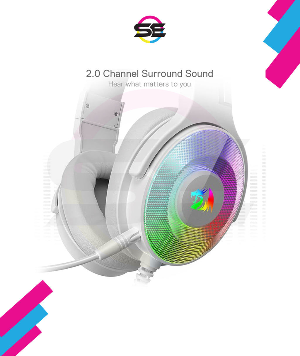 Redragon H350 RGB Wired Gaming Headset – 50mm Drivers, 2.0 Stereo Surround, RGB Earcup Underglow (Dynamic/Static/Off), Detachable Noise-Canceling Mic, In-Line Control – White