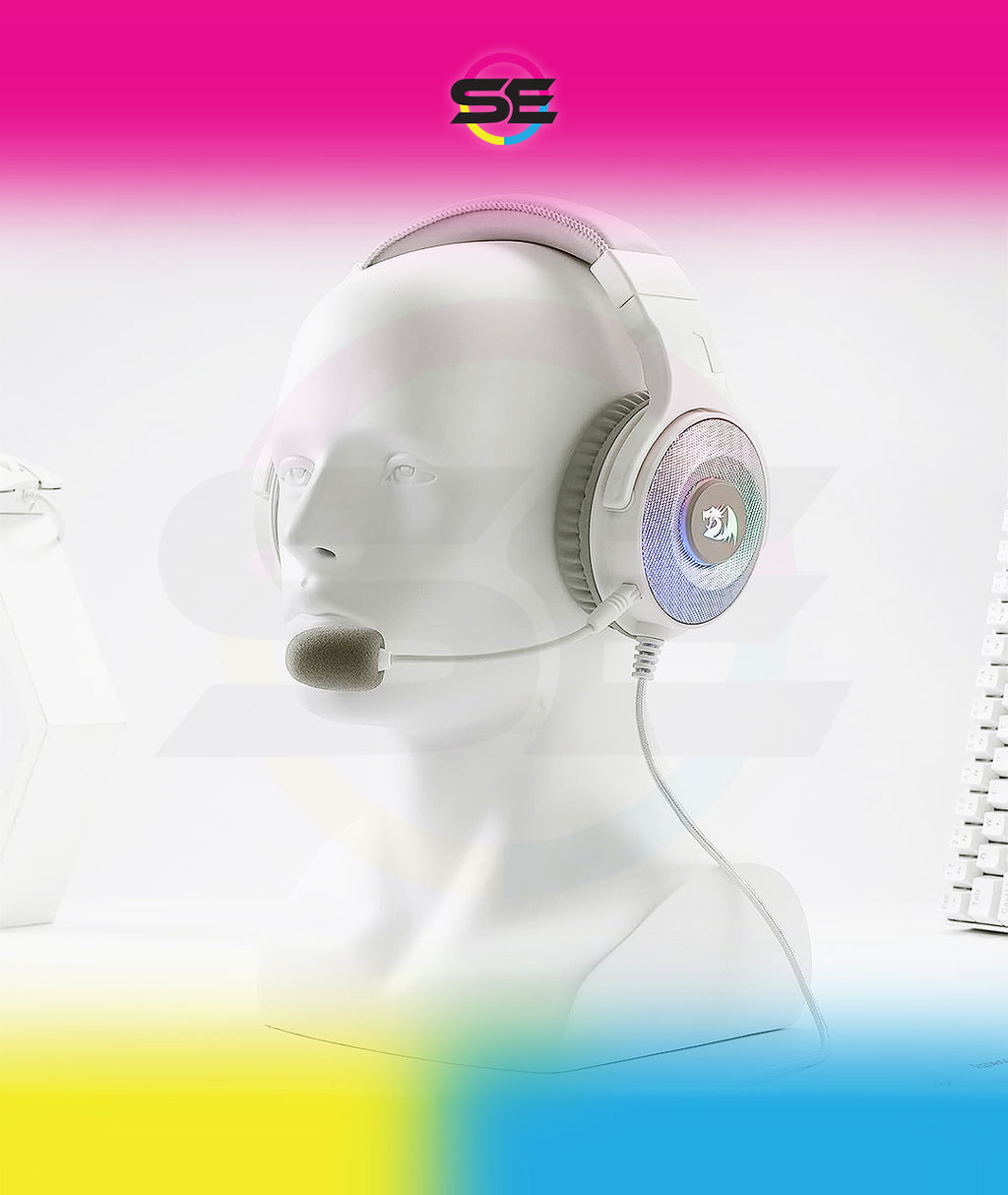 Redragon H350 RGB Wired Gaming Headset – 50mm Drivers, 2.0 Stereo Surround, RGB Earcup Underglow (Dynamic/Static/Off), Detachable Noise-Canceling Mic, In-Line Control – White