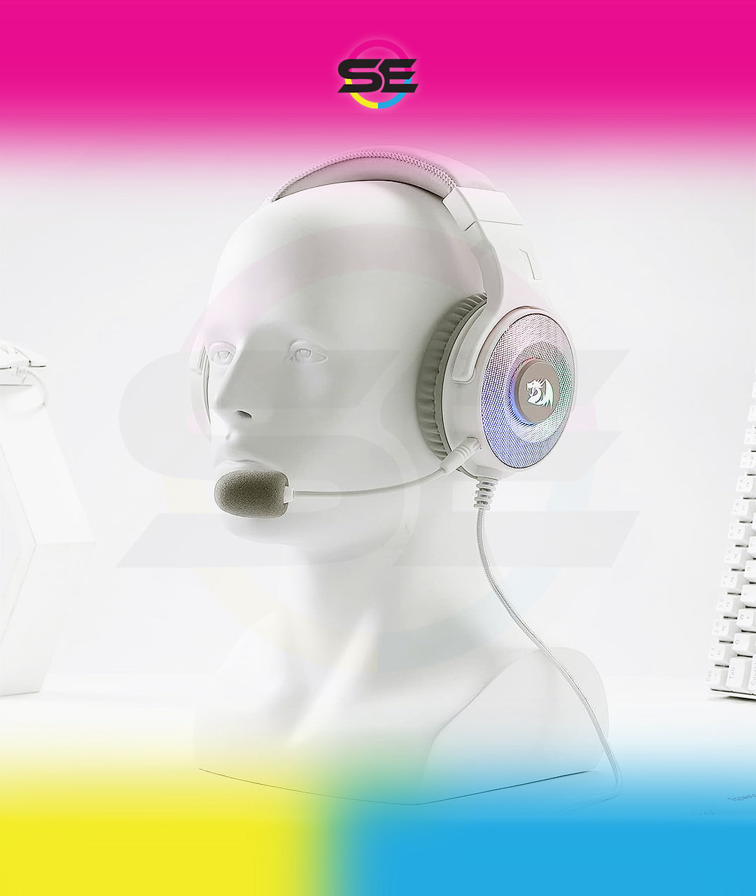 Redragon H350 RGB Wired Gaming Headset – 50mm Drivers, 2.0 Stereo Surround, RGB Earcup Underglow (Dynamic/Static/Off), Detachable Noise-Canceling Mic, In-Line Control – White