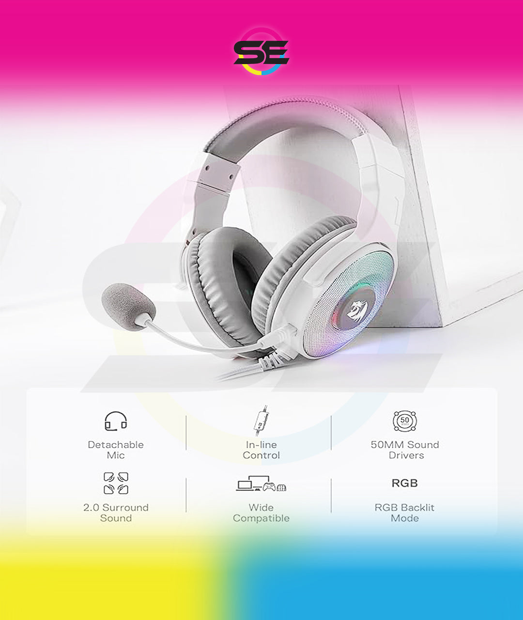 Redragon H350 RGB Wired Gaming Headset – 50mm Drivers, 2.0 Stereo Surround, RGB Earcup Underglow (Dynamic/Static/Off), Detachable Noise-Canceling Mic, In-Line Control – White