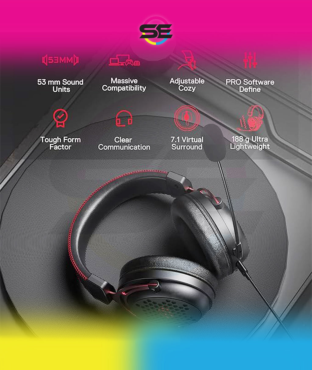 Redragon H386 DIOMEDES Wired Gaming Headset – 7.1 Surround Sound, 53mm Drivers, 188g Honeycomb Shell, Steel Frame, Detachable Boom Mic, USB-C/AUX/USB-A – Black/Red