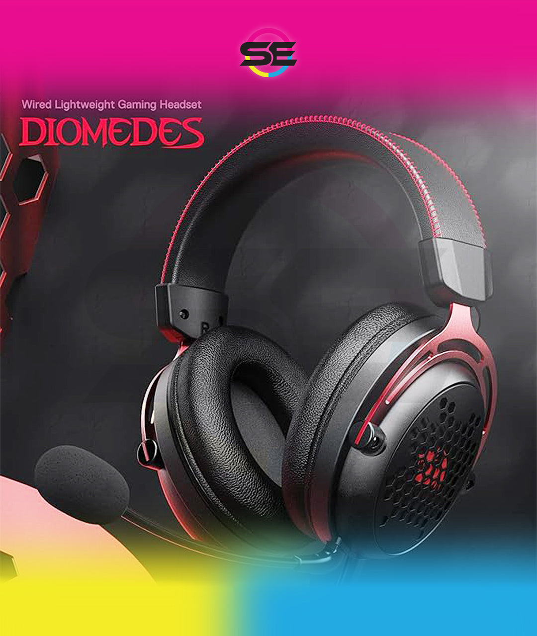 Redragon H386 DIOMEDES Wired Gaming Headset – 7.1 Surround Sound, 53mm Drivers, 188g Honeycomb Shell, Steel Frame, Detachable Boom Mic, USB-C/AUX/USB-A – Black/Red