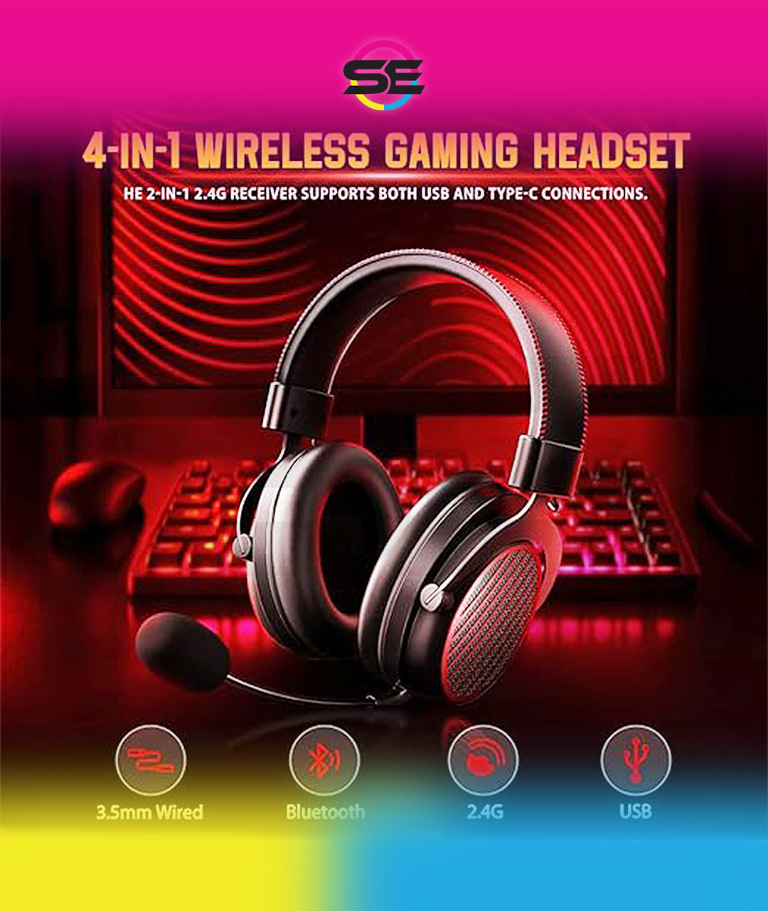 Redragon H540 PRO 4-in-1 Wireless Gaming Headset – Virtual 7.1 Surround, 53mm Drivers, Memory Foam, 360° Detachable Mic, Aluminum Bracket – Black