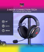 Redragon H858 ARROW PRO CARBON 3-Mode Wireless Gaming Headset – 53mm Drivers, Virtual 7.1, 20H+ Battery, Detachable Noise-Canceling Mic, On-Ear Controls – Carbon Gray