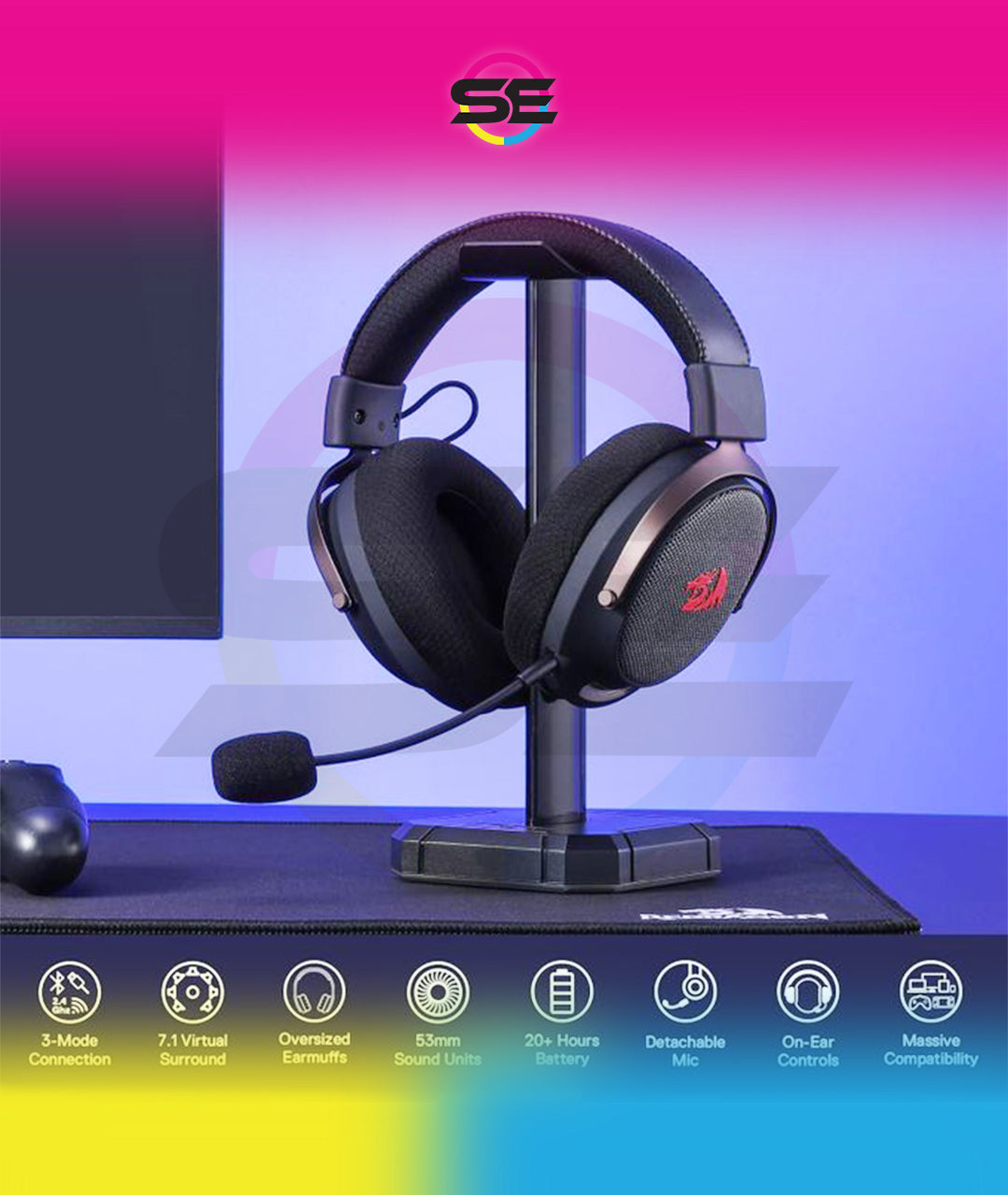 Redragon H858 ARROW PRO CARBON 3-Mode Wireless Gaming Headset – 53mm Drivers, Virtual 7.1, 20H+ Battery, Detachable Noise-Canceling Mic, On-Ear Controls – Carbon Gray