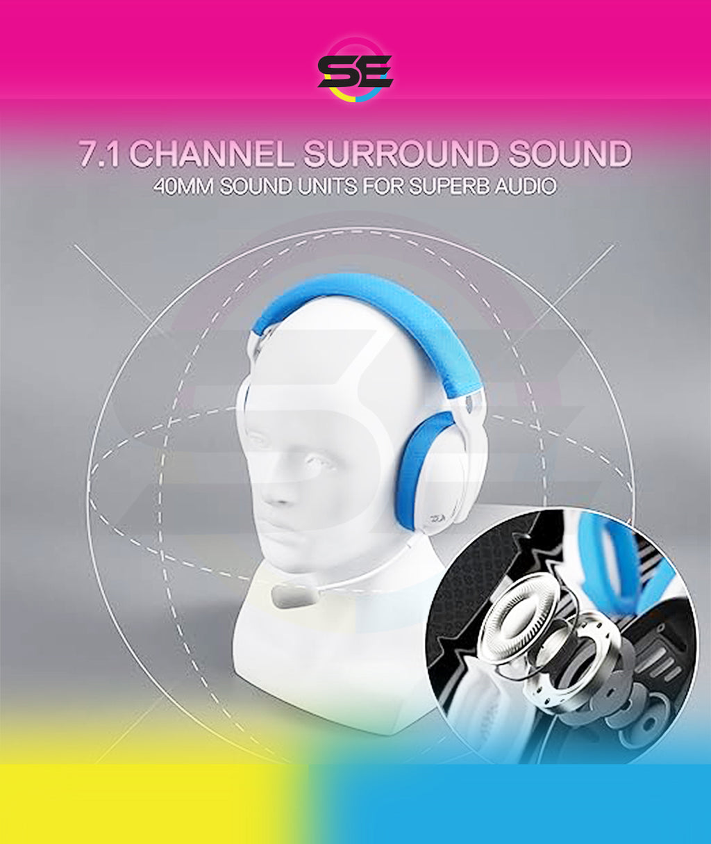 Redragon H878 SKULD PRO 3-Mode Wireless Gaming Headset – 40mm Drivers, Virtual 7.1, 200g Featherlight, Washable Fabric, Detachable Mic, Blue Vibe Lighting – White/Blue