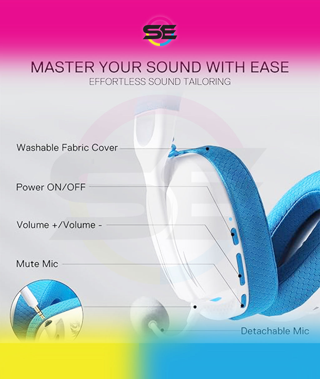 Redragon H878 SKULD PRO 3-Mode Wireless Gaming Headset – 40mm Drivers, Virtual 7.1, 200g Featherlight, Washable Fabric, Detachable Mic, Blue Vibe Lighting – White/Blue