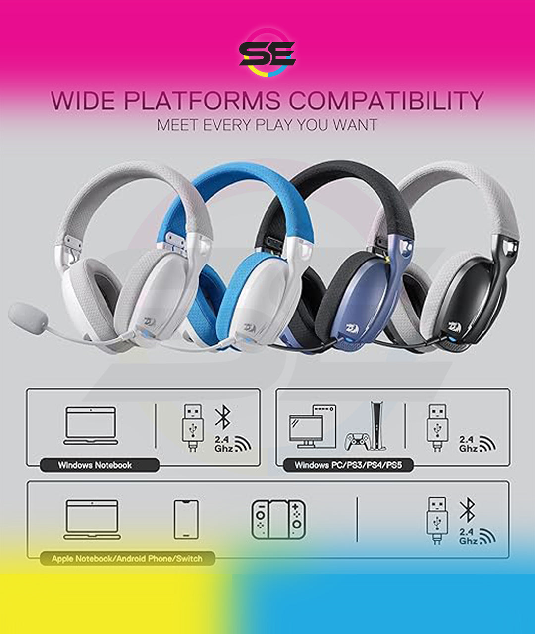 Redragon H878 SKULD PRO 3-Mode Wireless Gaming Headset – 40mm Drivers, Virtual 7.1, 200g Featherlight, Washable Fabric, Detachable Mic, Blue Vibe Lighting – White/Blue