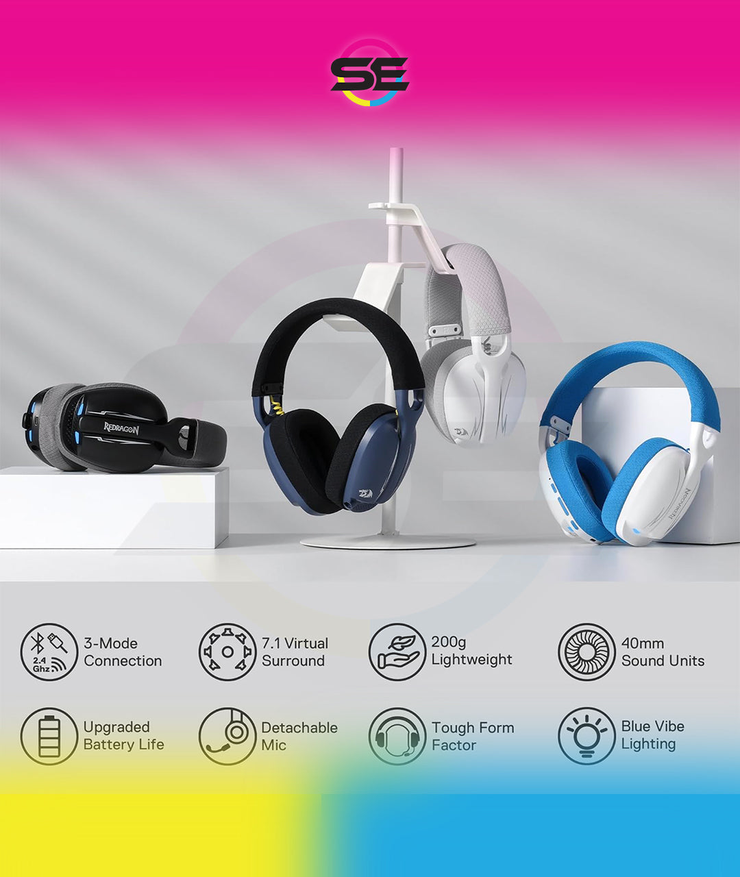 Redragon H878 SKULD PRO 3-Mode Wireless Gaming Headset – 40mm Drivers, Virtual 7.1, 200g Featherlight, Washable Fabric, Detachable Mic, Blue Vibe Lighting – White/Blue