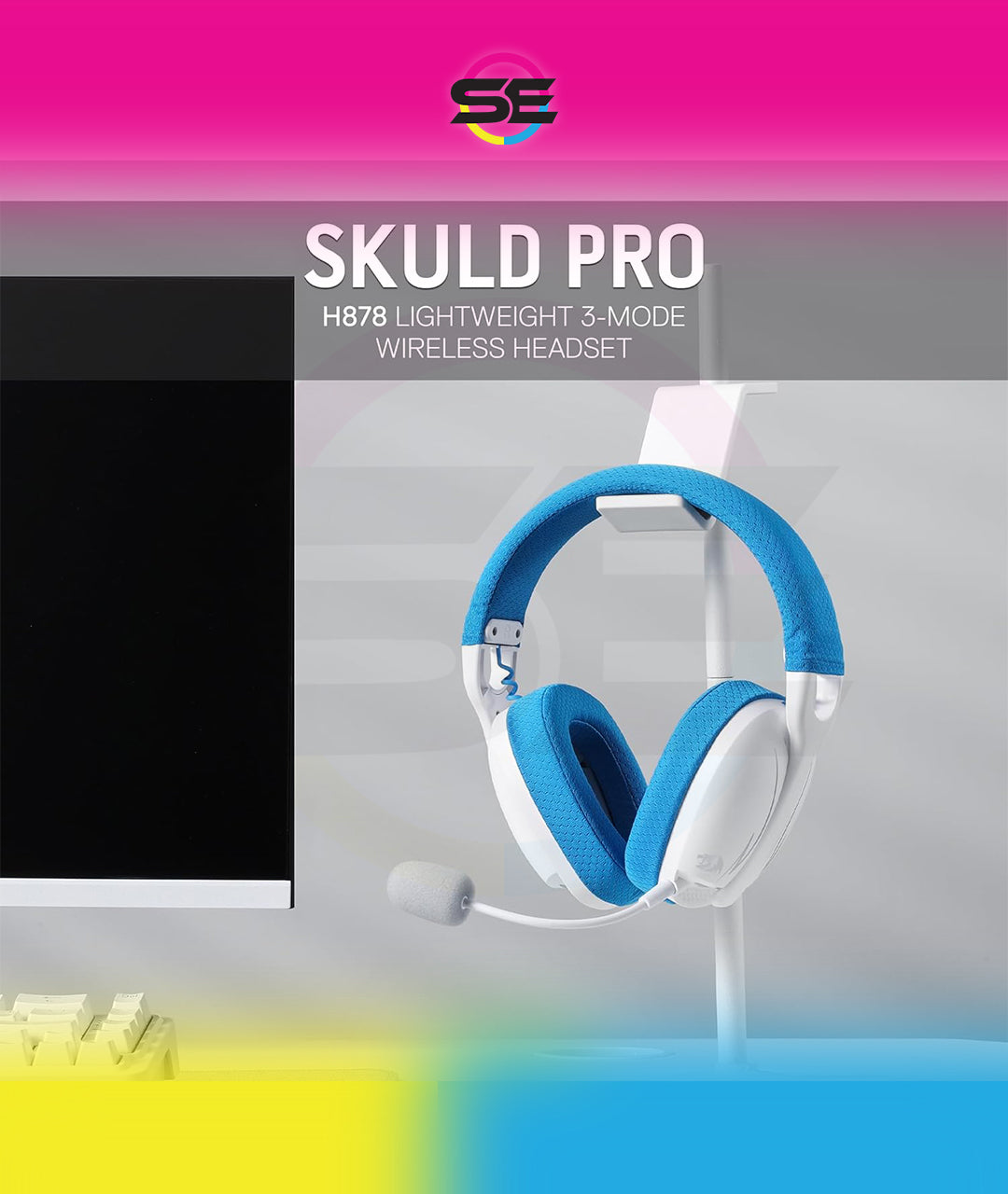 Redragon H878 SKULD PRO 3-Mode Wireless Gaming Headset – 40mm Drivers, Virtual 7.1, 200g Featherlight, Washable Fabric, Detachable Mic, Blue Vibe Lighting – White/Blue