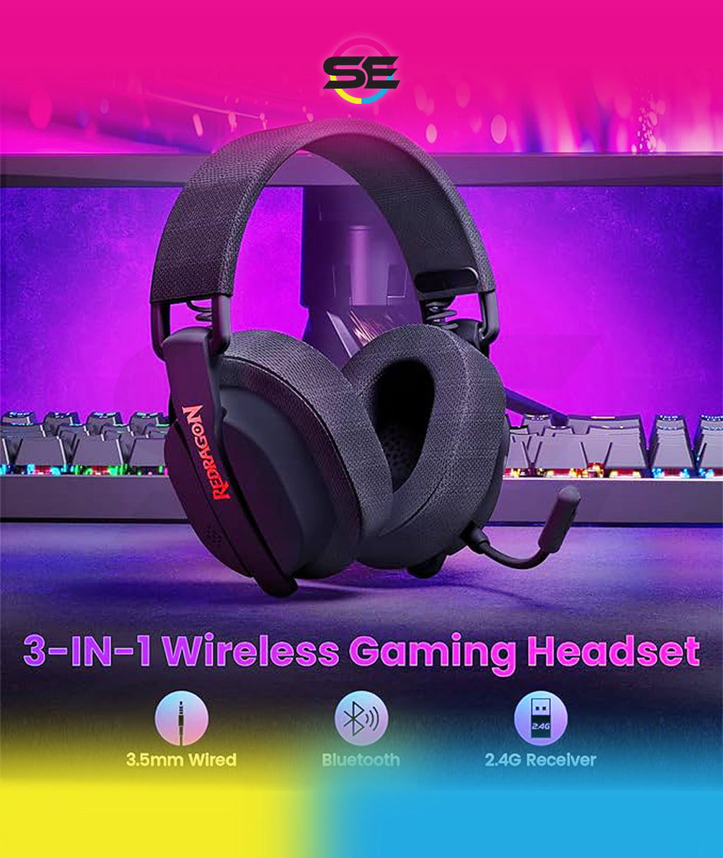 Redragon H888 3-in-1 Wireless Gaming Headset – 168g Ultra-Light, 40mm Drivers, Virtual 7.1 Surround, Mesh Fabric, Detachable Mic – Black / White
