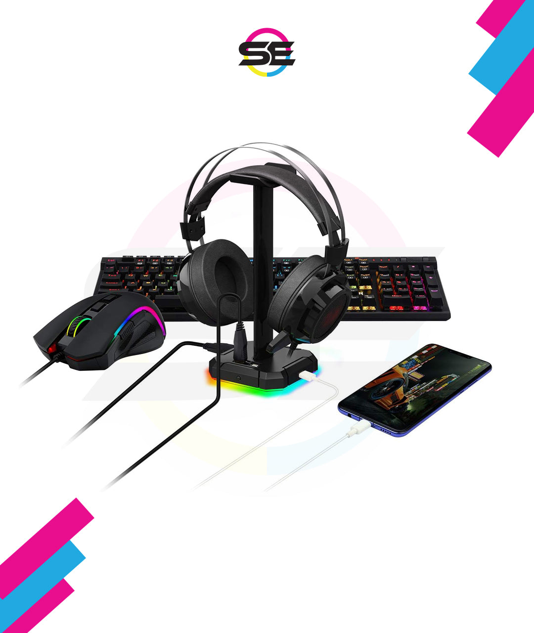 Redragon HA300 SCEPTER PRO RGB Gaming Headset Stand – Aluminum Bar, 2x USB Hub, 3.5mm AUX, Type-C Powered, Non-Slip Base – Black