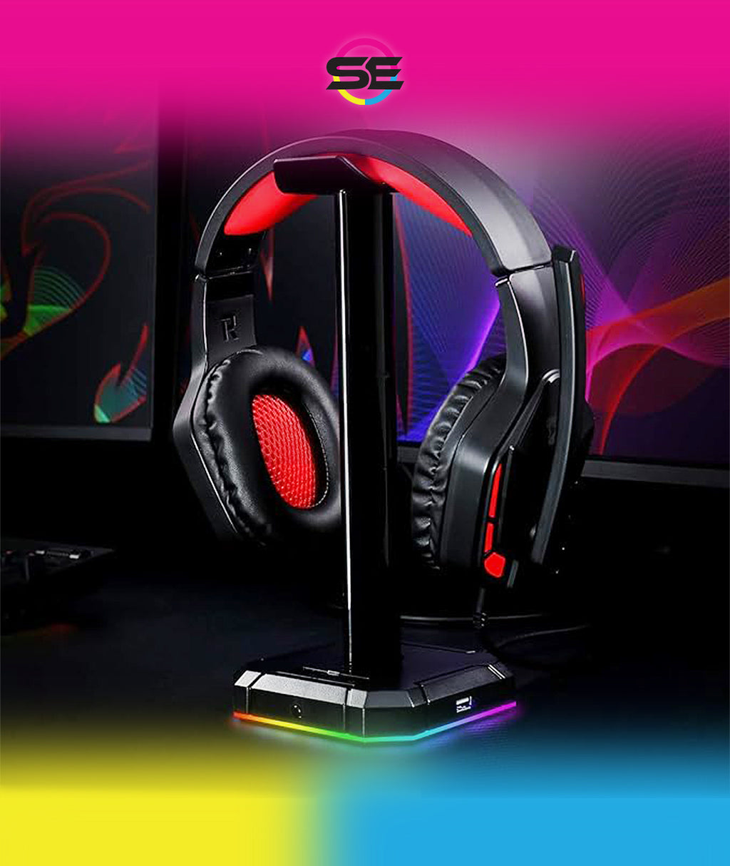 Redragon HA300 SCEPTER PRO RGB Gaming Headset Stand – Aluminum Bar, 2x USB Hub, 3.5mm AUX, Type-C Powered, Non-Slip Base – Black