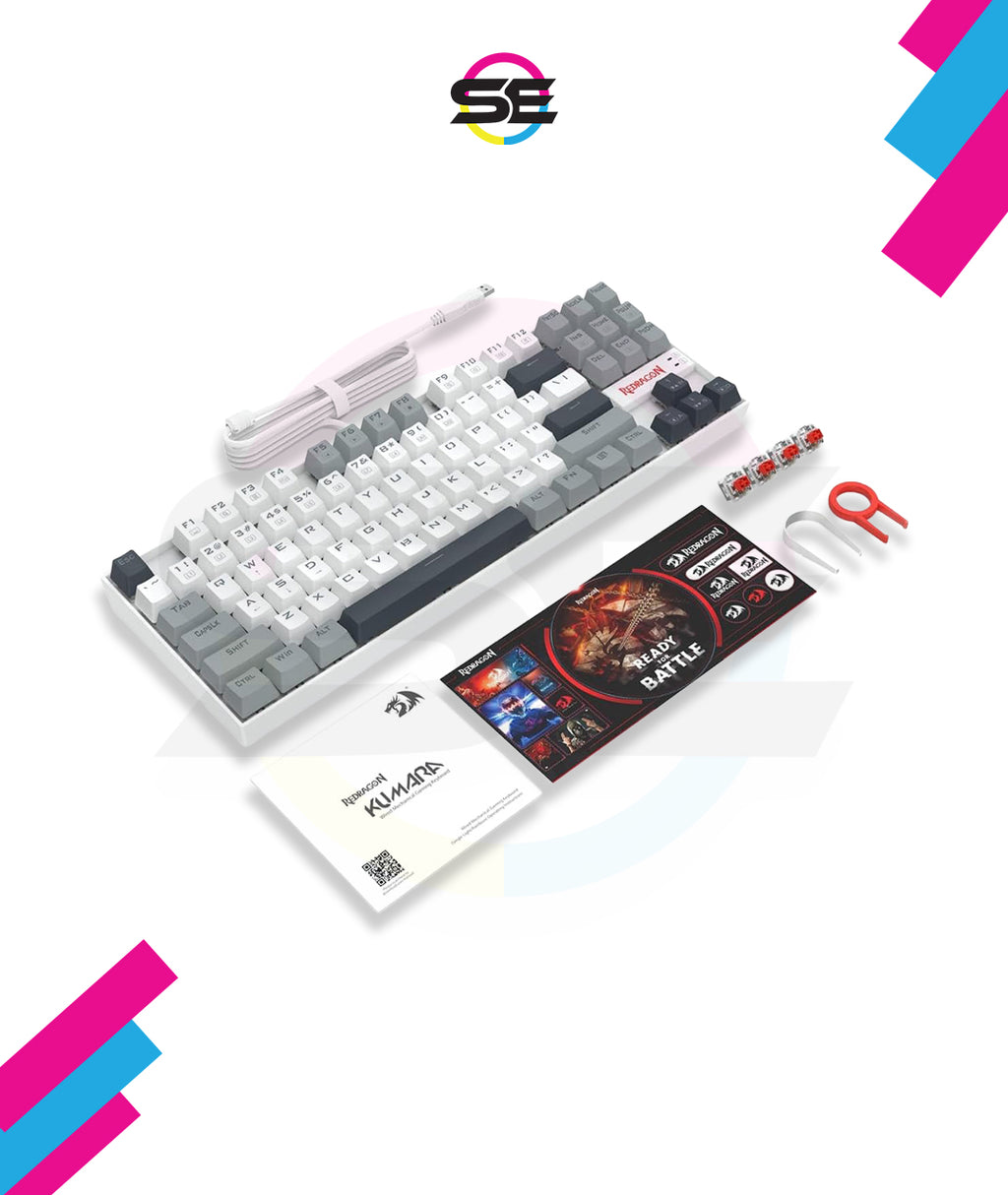 Redragon K552-WGL KUMARA RGB Wired Mechanical Gaming Keyboard – 87 Keys TKL, Hot-Swappable Red Switch, Rainbow LED – White/Gray/Black