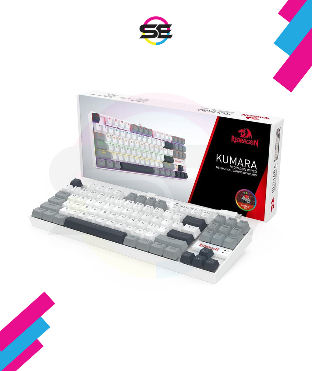 Redragon K552-WGL KUMARA RGB Wired Mechanical Gaming Keyboard – 87 Keys TKL, Hot-Swappable Red Switch, Rainbow LED – White/Gray/Black