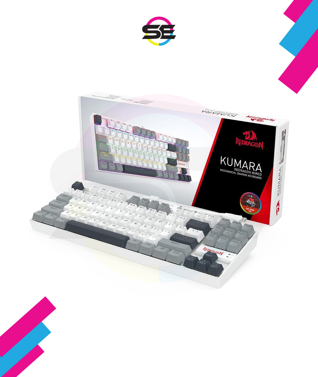 Redragon K552-WGL KUMARA RGB Wired Mechanical Gaming Keyboard – 87 Keys TKL, Hot-Swappable Red Switch, Rainbow LED – White/Gray/Black
