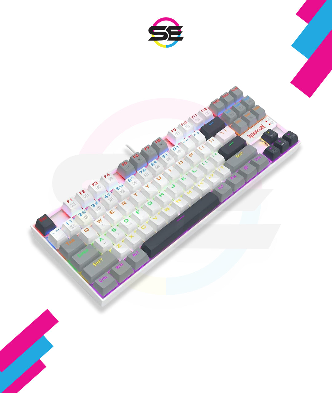 Redragon K552-WGL KUMARA RGB Wired Mechanical Gaming Keyboard – 87 Keys TKL, Hot-Swappable Red Switch, Rainbow LED – White/Gray/Black