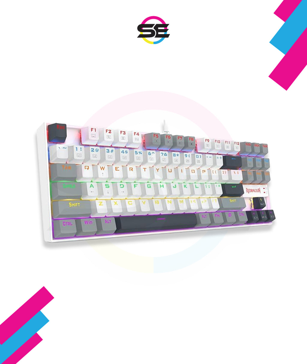Redragon K552-WGL KUMARA RGB Wired Mechanical Gaming Keyboard – 87 Keys TKL, Hot-Swappable Red Switch, Rainbow LED – White/Gray/Black