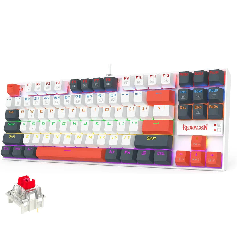 Redragon K552-WLR KUMARA RGB Wired Mechanical Gaming Keyboard – 87 Keys TKL, Hot-Swappable Red Switch, Rainbow LED – White/Black/Red