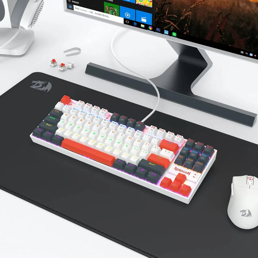 Redragon K552-WLR KUMARA RGB Wired Mechanical Gaming Keyboard – 87 Keys TKL, Hot-Swappable Red Switch, Rainbow LED – White/Black/Red