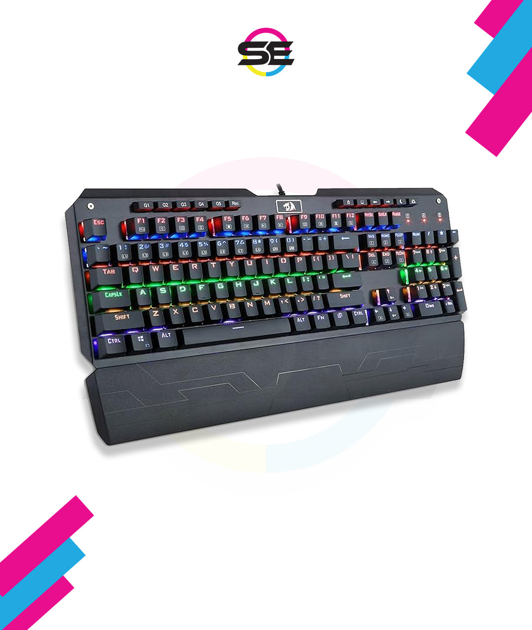 Redragon K555-R INDRAH RGB Wired Mechanical Gaming Keyboard – 104 Keys Full Size, Blue Switch, Macro Keys, Wrist Rest, Spill-Resistant – Black