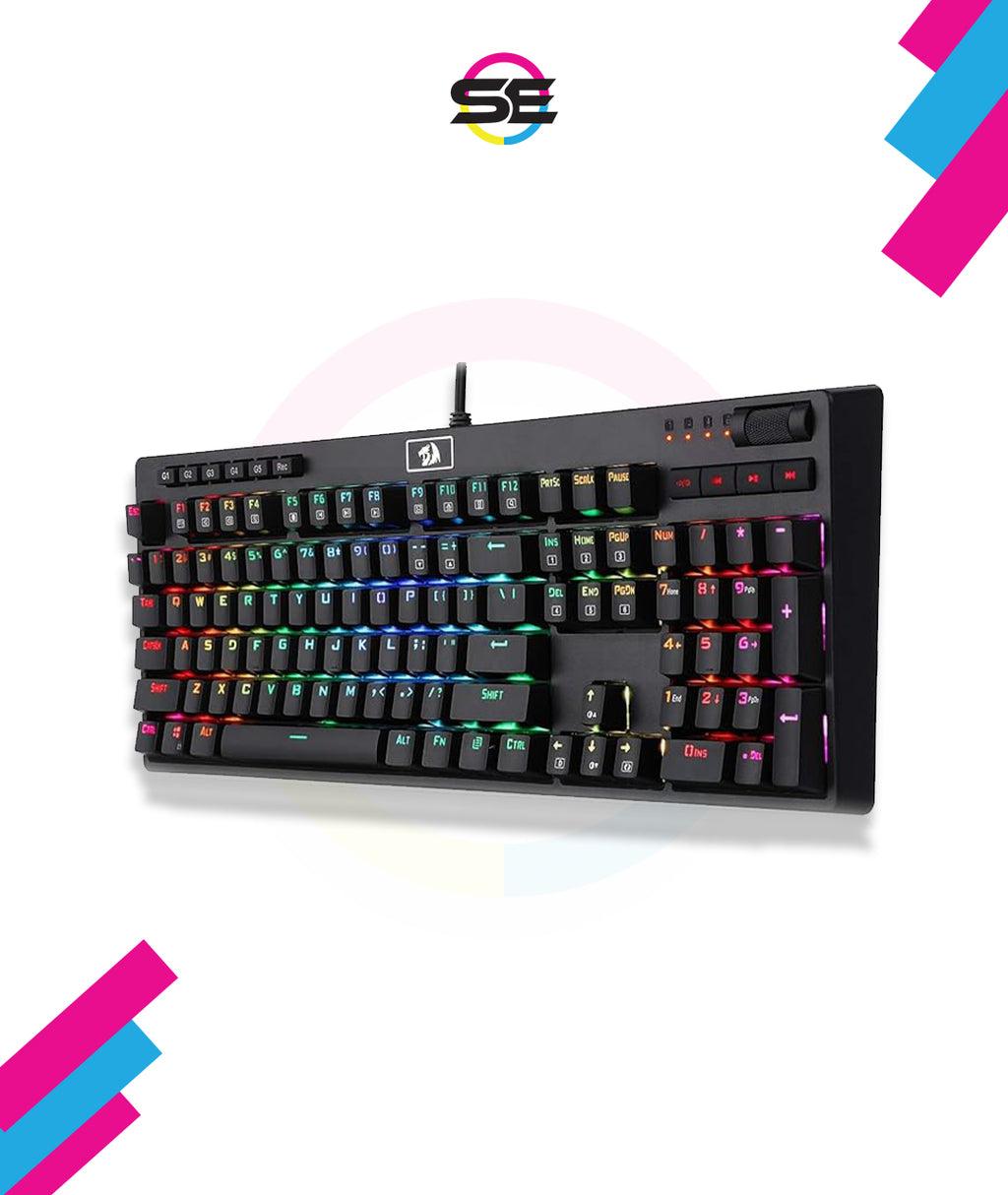 Redragon K579 RGB Wired Mechanical Gaming Keyboard – 104 Keys Full Size, Hot-Swappable Blue Switch, 5 Macro Keys, Volume Knob – Black