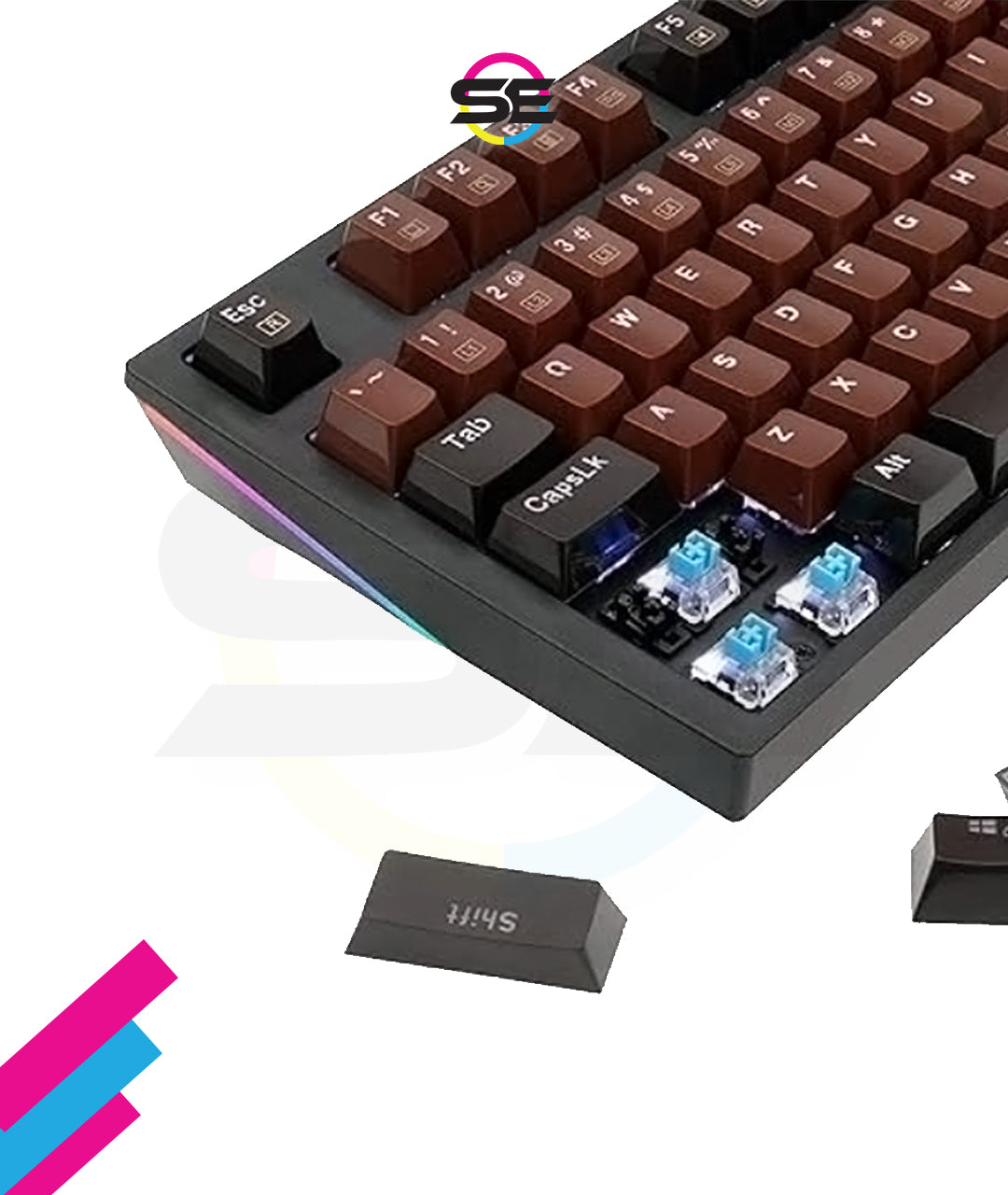 Redragon K592-PRO RGB Wired Mechanical Gaming Keyboard – 104 Keys Full Size, V-Optical Blue Switch, RGB Side Glow, Keycap Puller – Black/Brown