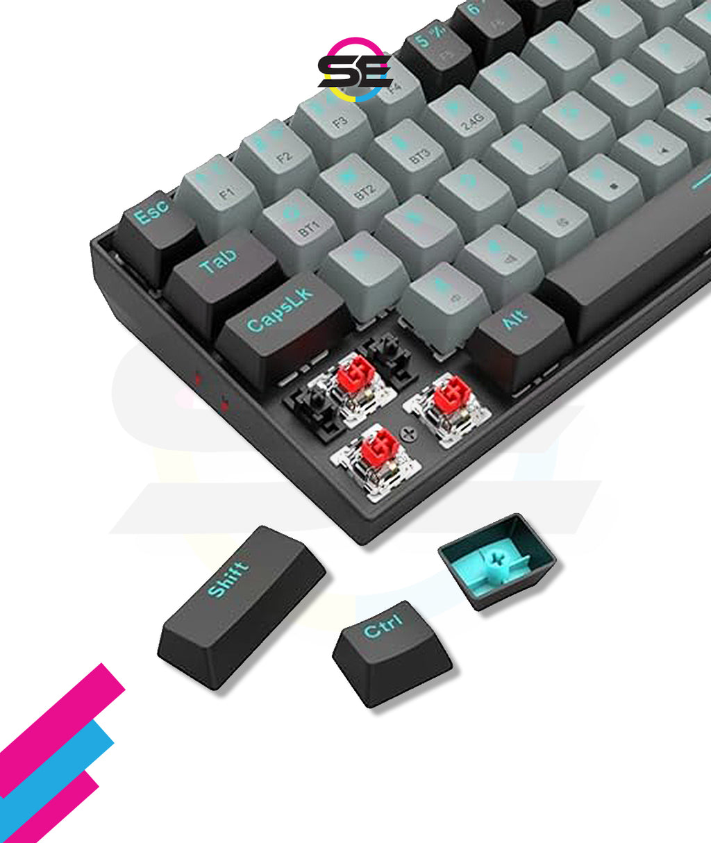 Redragon K662L-G1RS Wireless Portable 65% Mechanical Gaming Keyboard – 68 Keys, Red Switch, Double-Shot Keycaps, 2.4G + Bluetooth, 2×AAA Battery – Black/Gray