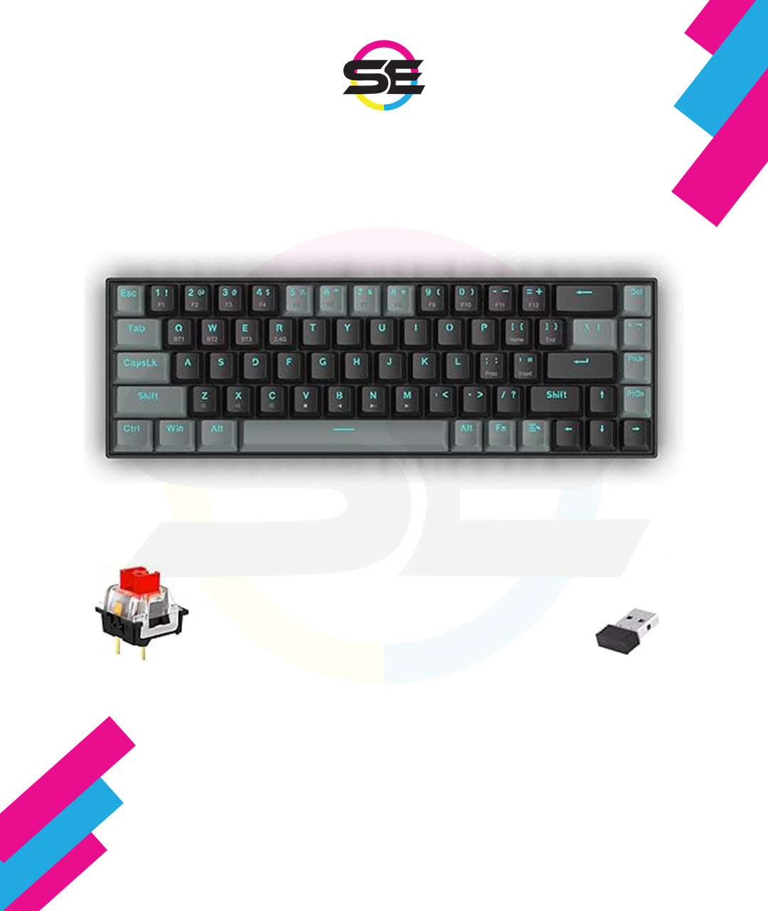 Redragon K662L-K1RS Wireless Portable 65% Mechanical Gaming Keyboard – 68 Keys, Red Switch, Double-Shot Keycaps, 2.4G + Bluetooth, 2×AAA Battery – Dark Gray/Black
