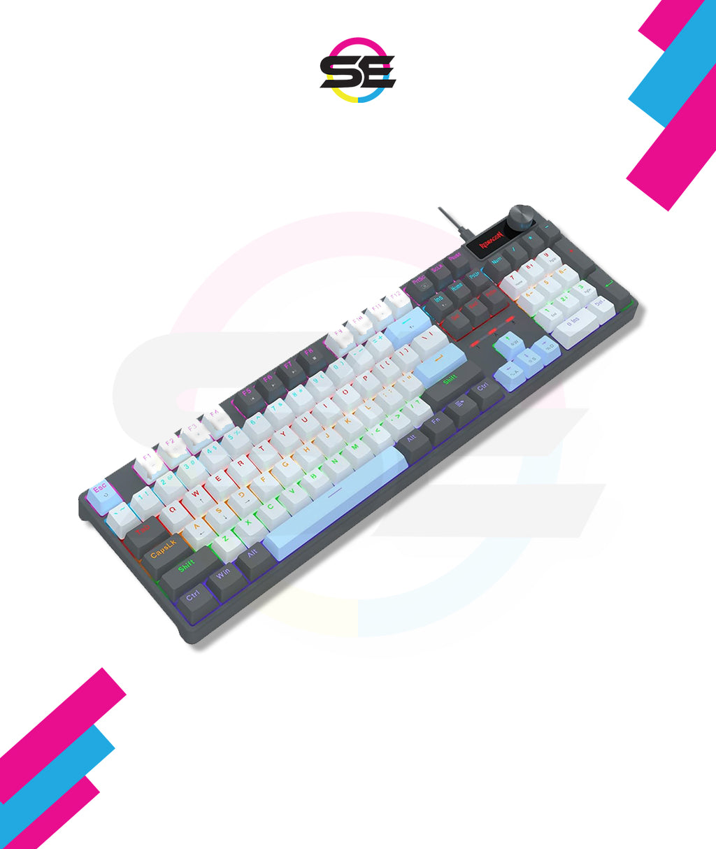 Redragon K718 RGB Full Size Hot-Swap Wired Mechanical Gaming Keyboard – 104 Keys, Red Switch, Dedicated Knob, Sound Absorbing Foam, Mixed Color Keycaps – Gray/White/Blue