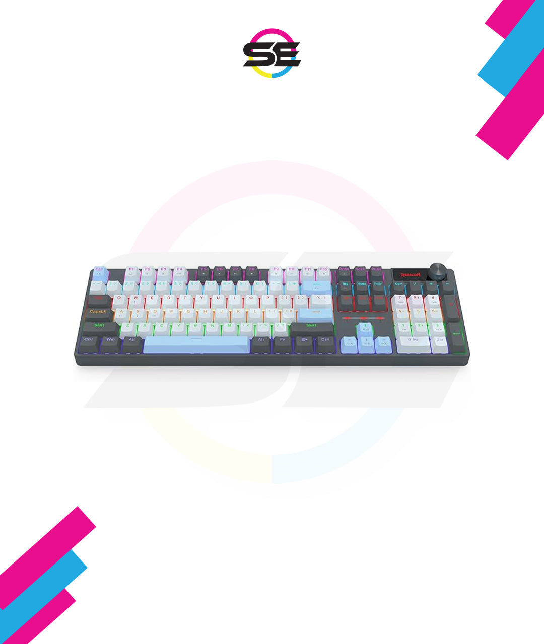 Redragon K718 RGB Full Size Hot-Swap Wired Mechanical Gaming Keyboard – 104 Keys, Red Switch, Dedicated Knob, Sound Absorbing Foam, Mixed Color Keycaps – Gray/White/Blue