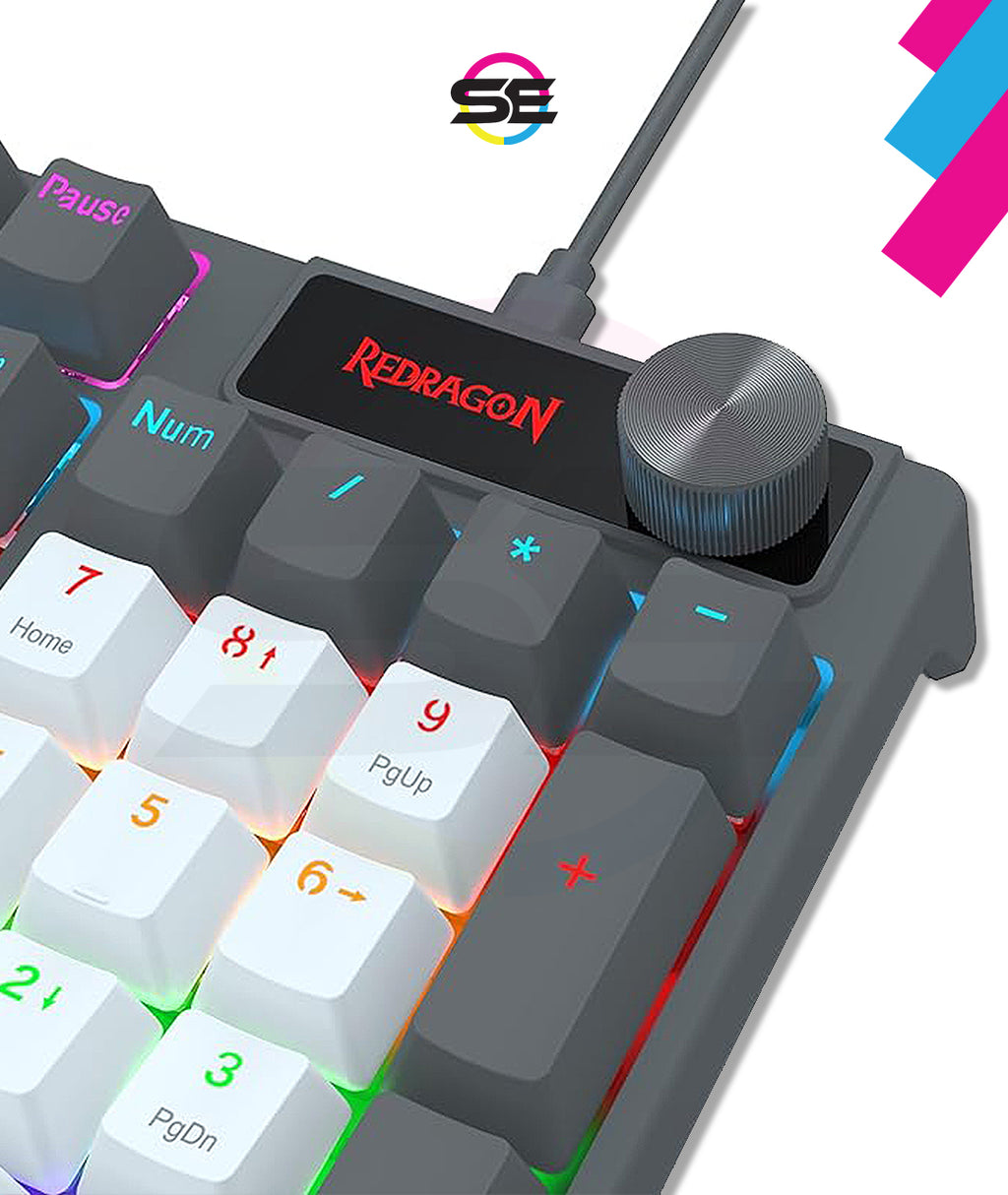 Redragon K718 RGB Full Size Hot-Swap Wired Mechanical Gaming Keyboard – 104 Keys, Red Switch, Dedicated Knob, Sound Absorbing Foam, Mixed Color Keycaps – Gray/White/Blue