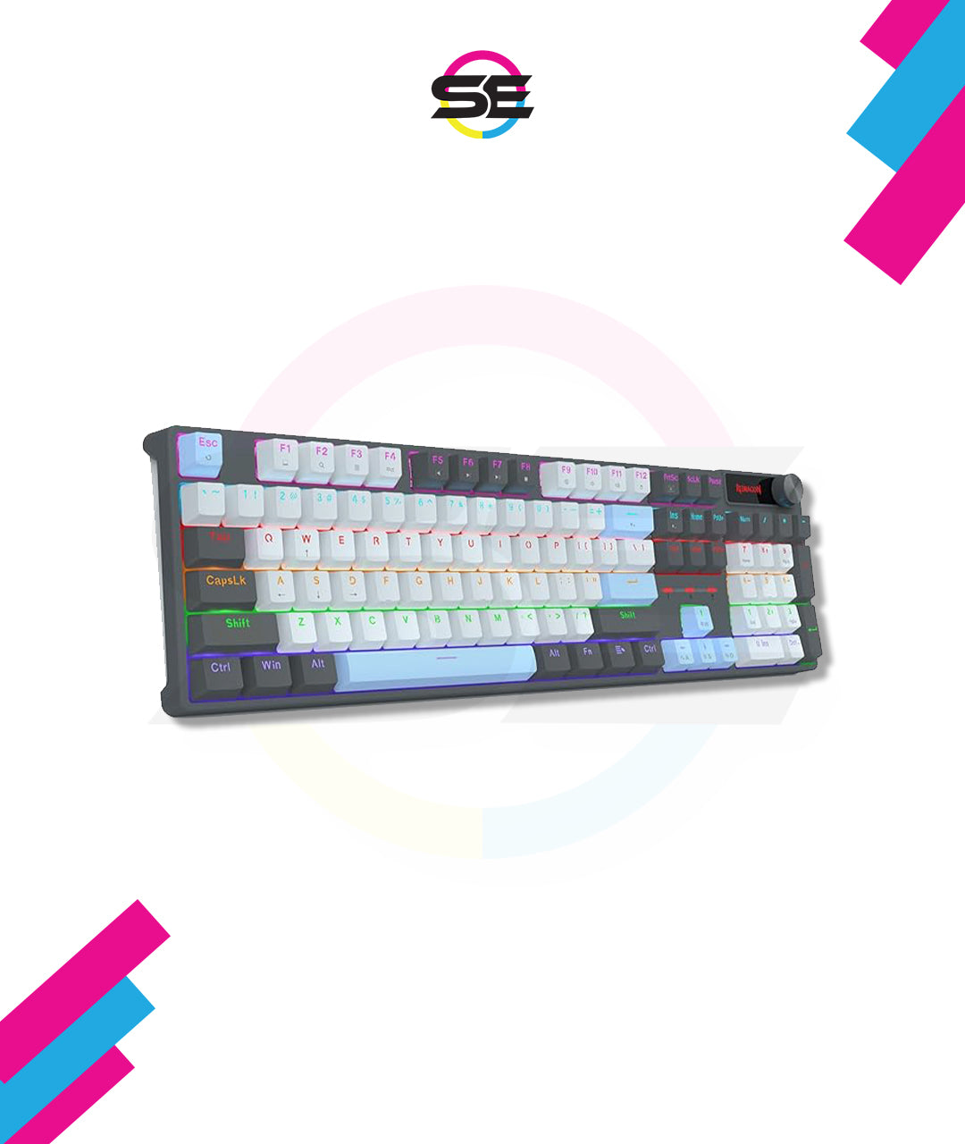 Redragon K718 RGB Full Size Hot-Swap Wired Mechanical Gaming Keyboard – 104 Keys, Red Switch, Dedicated Knob, Sound Absorbing Foam, Mixed Color Keycaps – Gray/White/Blue