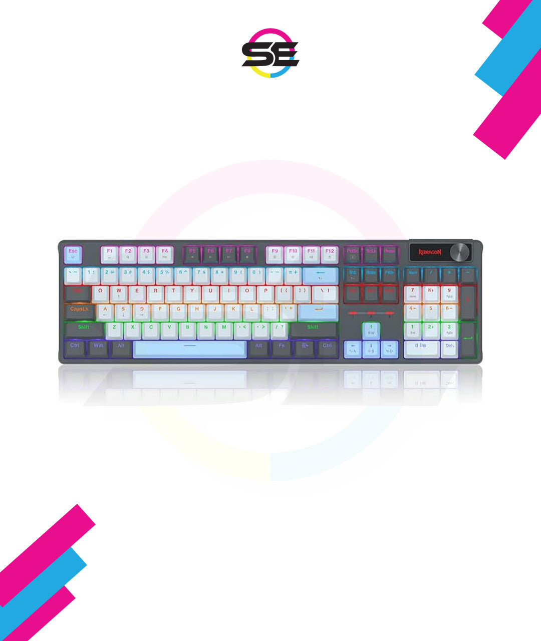 Redragon K718 RGB Full Size Hot-Swap Wired Mechanical Gaming Keyboard – 104 Keys, Red Switch, Dedicated Knob, Sound Absorbing Foam, Mixed Color Keycaps – Gray/White/Blue