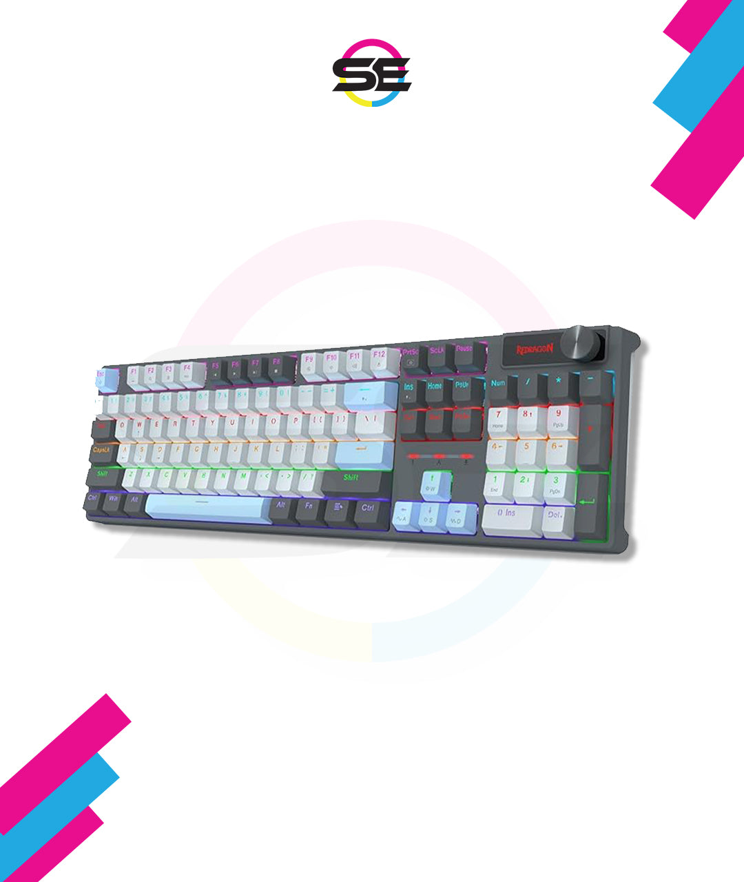 Redragon K718 RGB Full Size Hot-Swap Wired Mechanical Gaming Keyboard – 104 Keys, Red Switch, Dedicated Knob, Sound Absorbing Foam, Mixed Color Keycaps – Gray/White/Blue