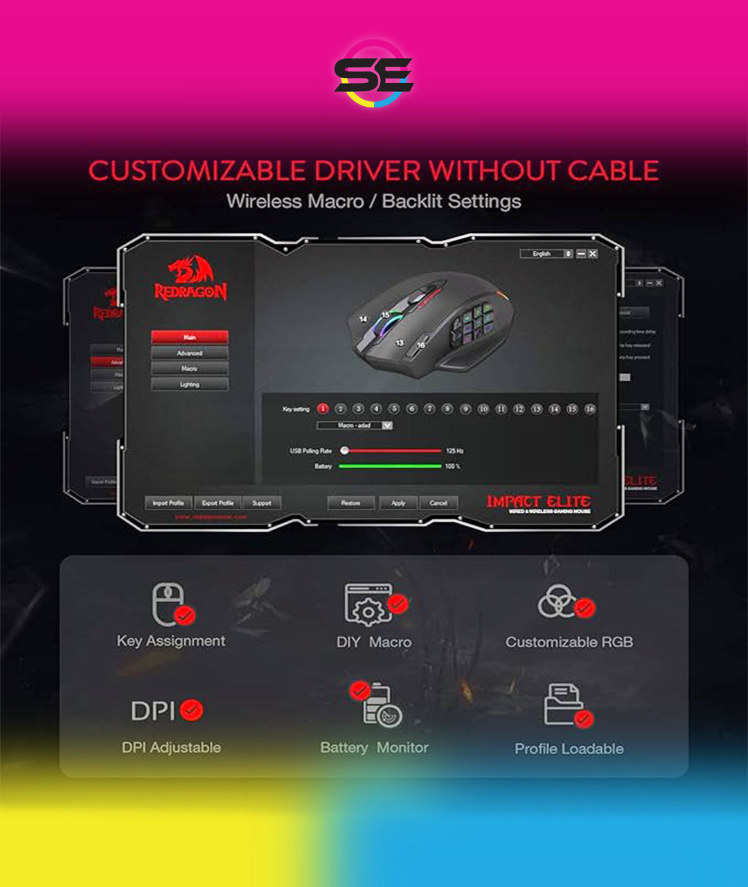 Redragon M913 Impact Elite Wired/Wireless MMO Gaming Mouse 16000 DPI