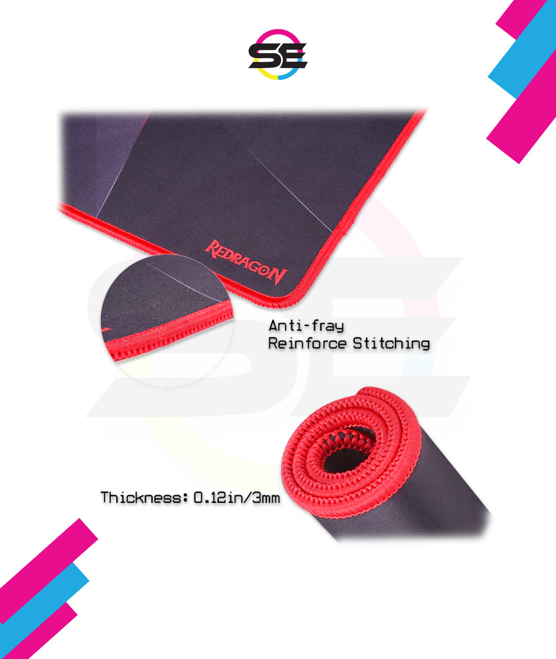 Redragon P012 CAPRICORN Gaming Mouse Pad – 325×245×3mm, Geometric Diamond Design, Anti-Fray Red Stitching, Non-Slip Rubber Base, Easy to Wash – Black/Red