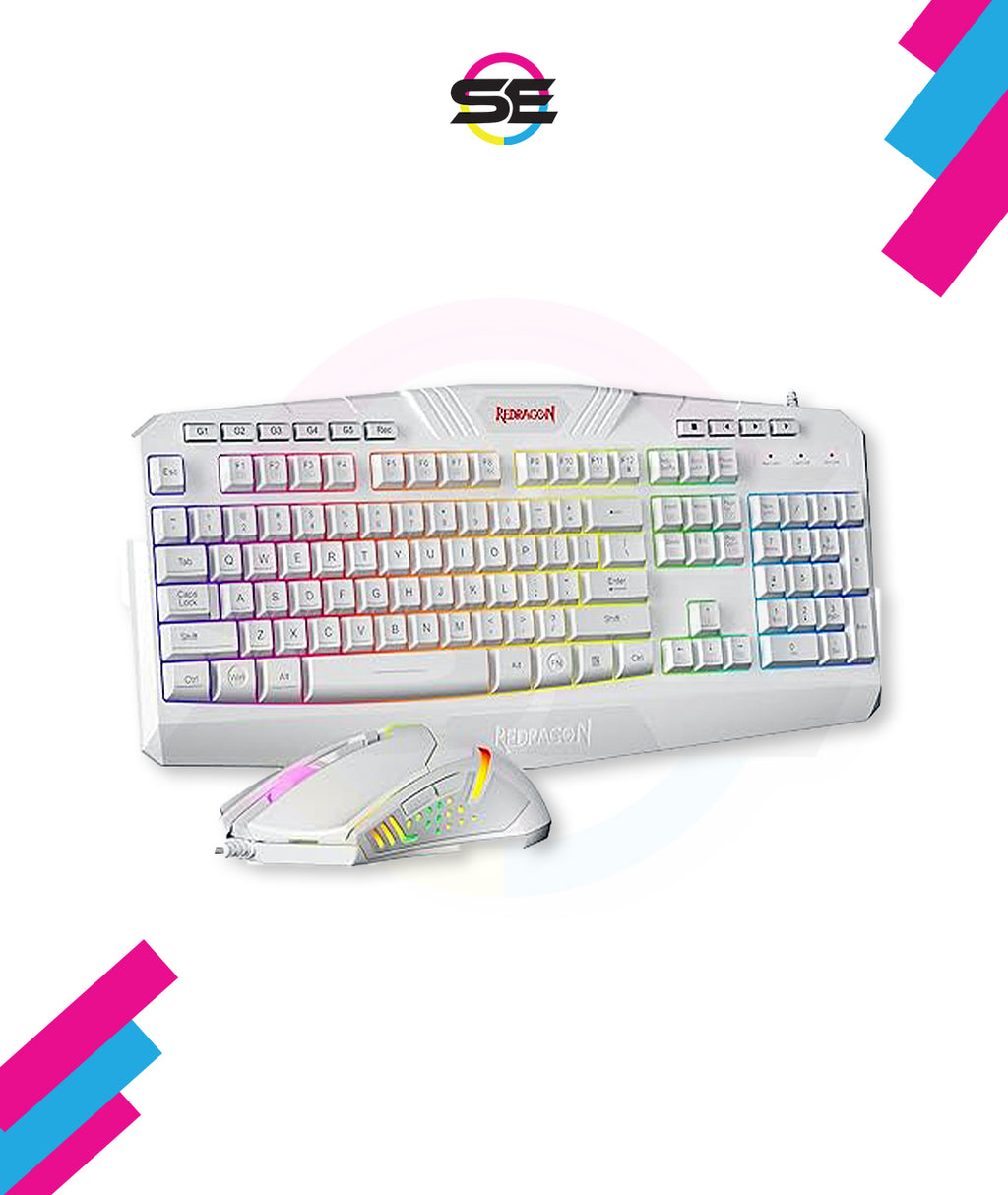 Redragon S101W RGB Gaming Keyboard & Mouse Combo Wired – 104 Keys Membrane, 5 Macro Keys, 6 RGB Modes + 7200 DPI Programmable Mouse, 10 RGB Modes – White