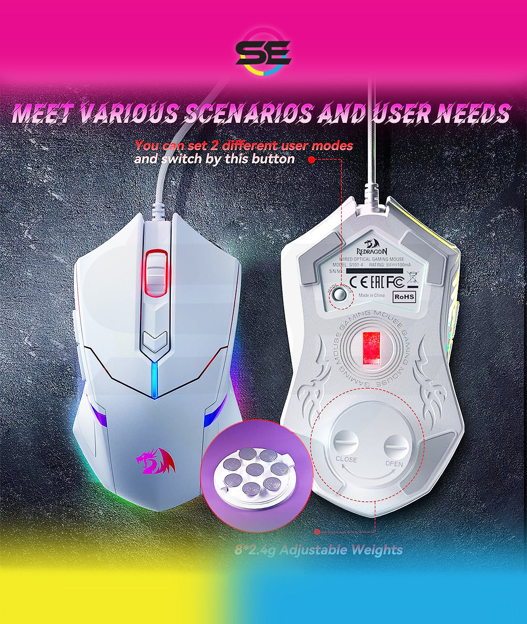 Redragon S101W RGB Gaming Keyboard & Mouse Combo Wired – 104 Keys Membrane, 5 Macro Keys, 6 RGB Modes + 7200 DPI Programmable Mouse, 10 RGB Modes – White