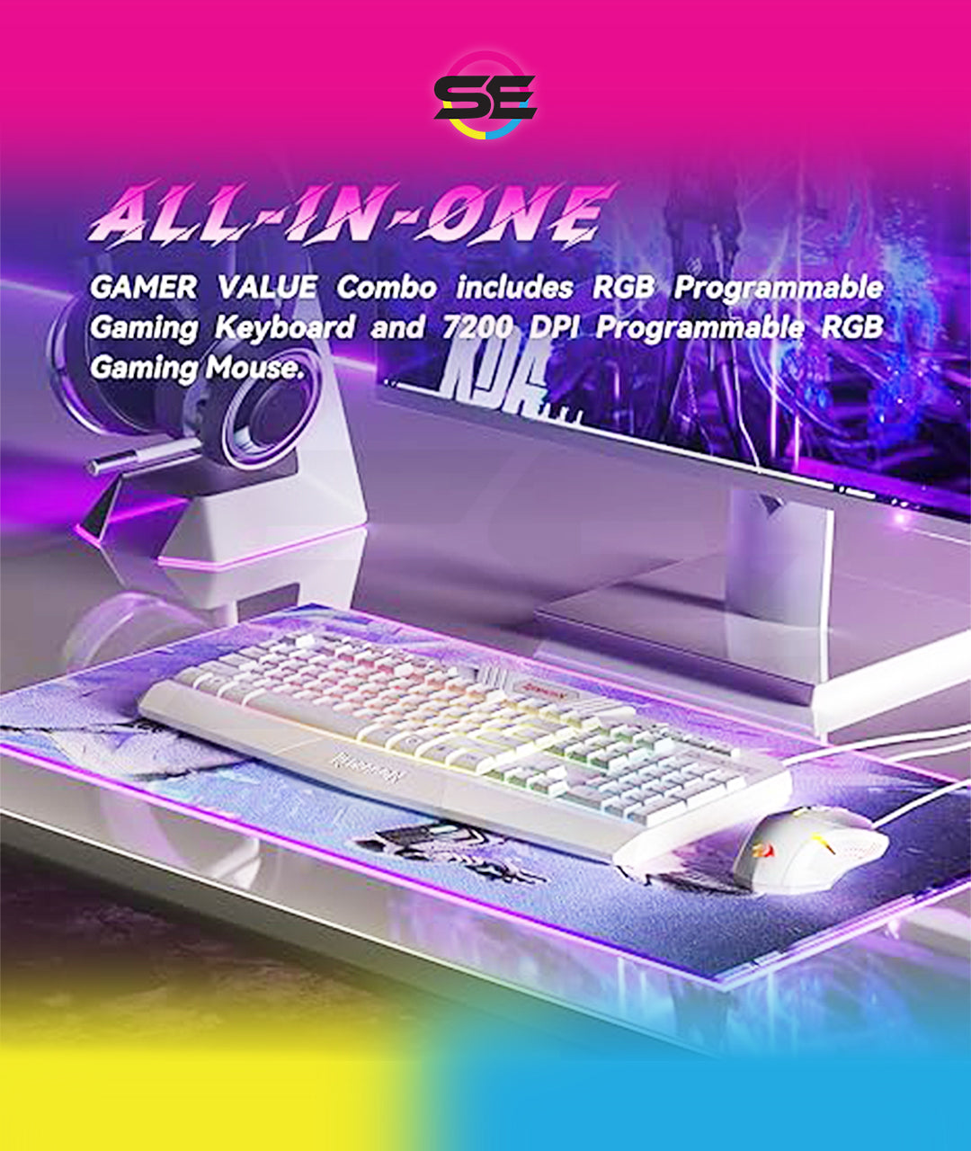 Redragon S101W RGB Gaming Keyboard & Mouse Combo Wired – 104 Keys Membrane, 5 Macro Keys, 6 RGB Modes + 7200 DPI Programmable Mouse, 10 RGB Modes – White