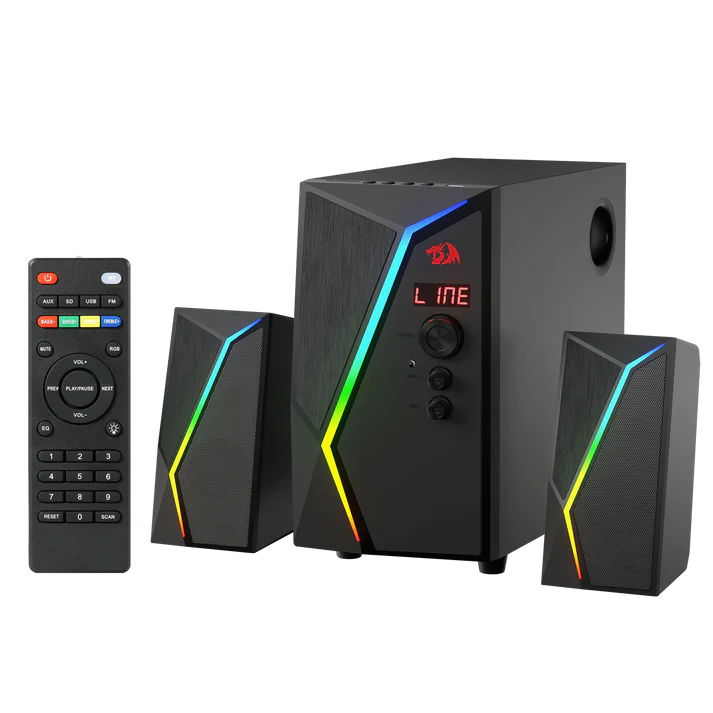 Redragon GS520 PRO Anvil 2.1 Channel RGB Gaming Speaker – 45W Hi-Fi, Bluetooth 5.0, AUX, SD Card, USB Audio, Remote Control, Bass/Treble Control, 6 RGB Modes – Black