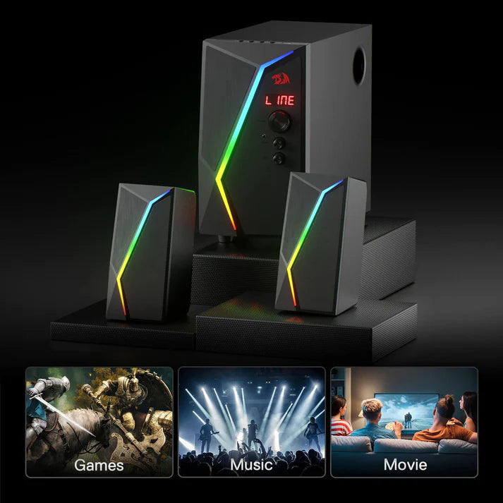 Redragon GS520 PRO Anvil 2.1 Channel RGB Gaming Speaker – 45W Hi-Fi, Bluetooth 5.0, AUX, SD Card, USB Audio, Remote Control, Bass/Treble Control, 6 RGB Modes – Black