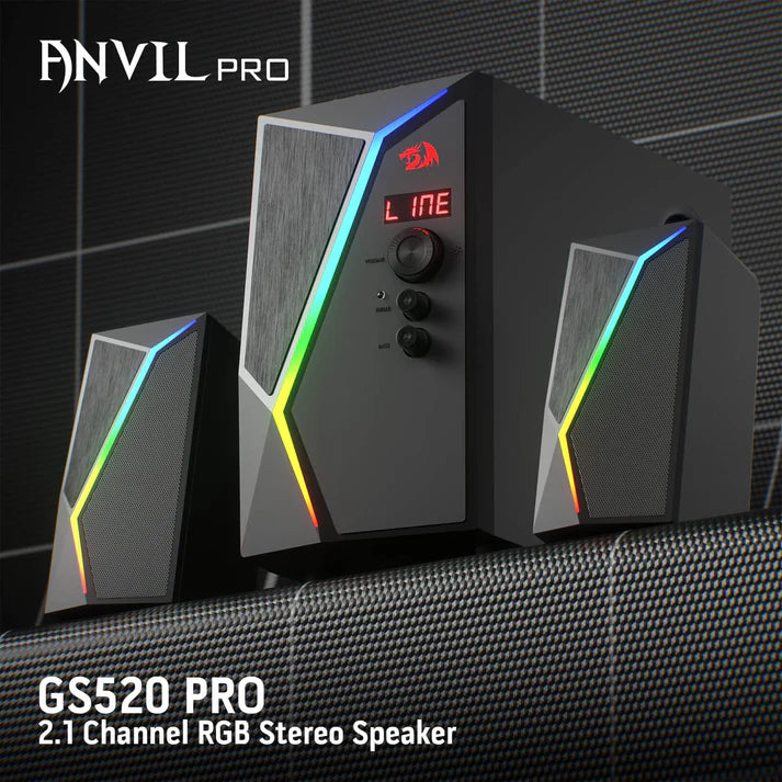 Redragon GS520 PRO Anvil 2.1 Channel RGB Gaming Speaker – 45W Hi-Fi, Bluetooth 5.0, AUX, SD Card, USB Audio, Remote Control, Bass/Treble Control, 6 RGB Modes – Black