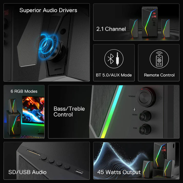 Redragon GS520 PRO Anvil 2.1 Channel RGB Gaming Speaker – 45W Hi-Fi, Bluetooth 5.0, AUX, SD Card, USB Audio, Remote Control, Bass/Treble Control, 6 RGB Modes – Black