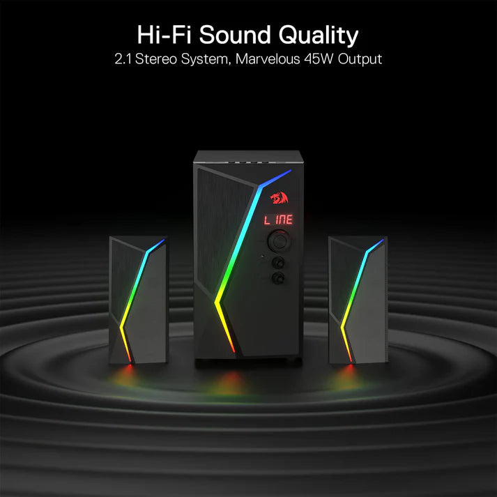 Redragon GS520 PRO Anvil 2.1 Channel RGB Gaming Speaker – 45W Hi-Fi, Bluetooth 5.0, AUX, SD Card, USB Audio, Remote Control, Bass/Treble Control, 6 RGB Modes – Black