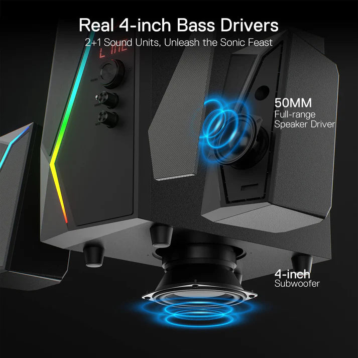Redragon GS520 PRO Anvil 2.1 Channel RGB Gaming Speaker – 45W Hi-Fi, Bluetooth 5.0, AUX, SD Card, USB Audio, Remote Control, Bass/Treble Control, 6 RGB Modes – Black