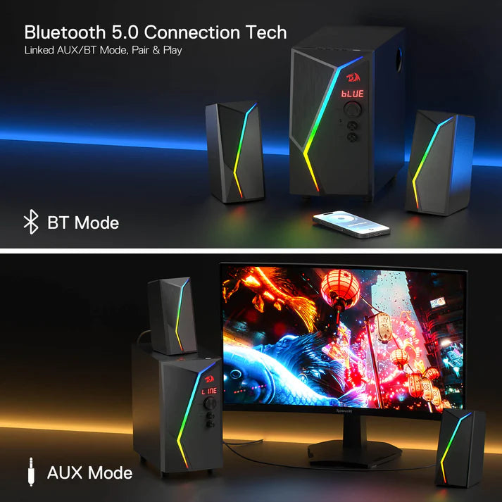 Redragon GS520 PRO Anvil 2.1 Channel RGB Gaming Speaker – 45W Hi-Fi, Bluetooth 5.0, AUX, SD Card, USB Audio, Remote Control, Bass/Treble Control, 6 RGB Modes – Black